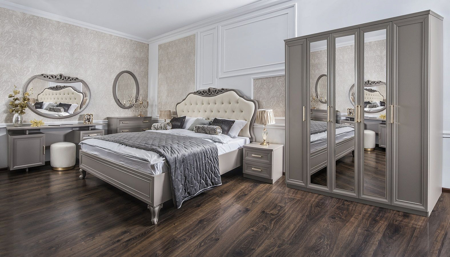 Шкаф Мокко 4-дверный с зеркалом серый